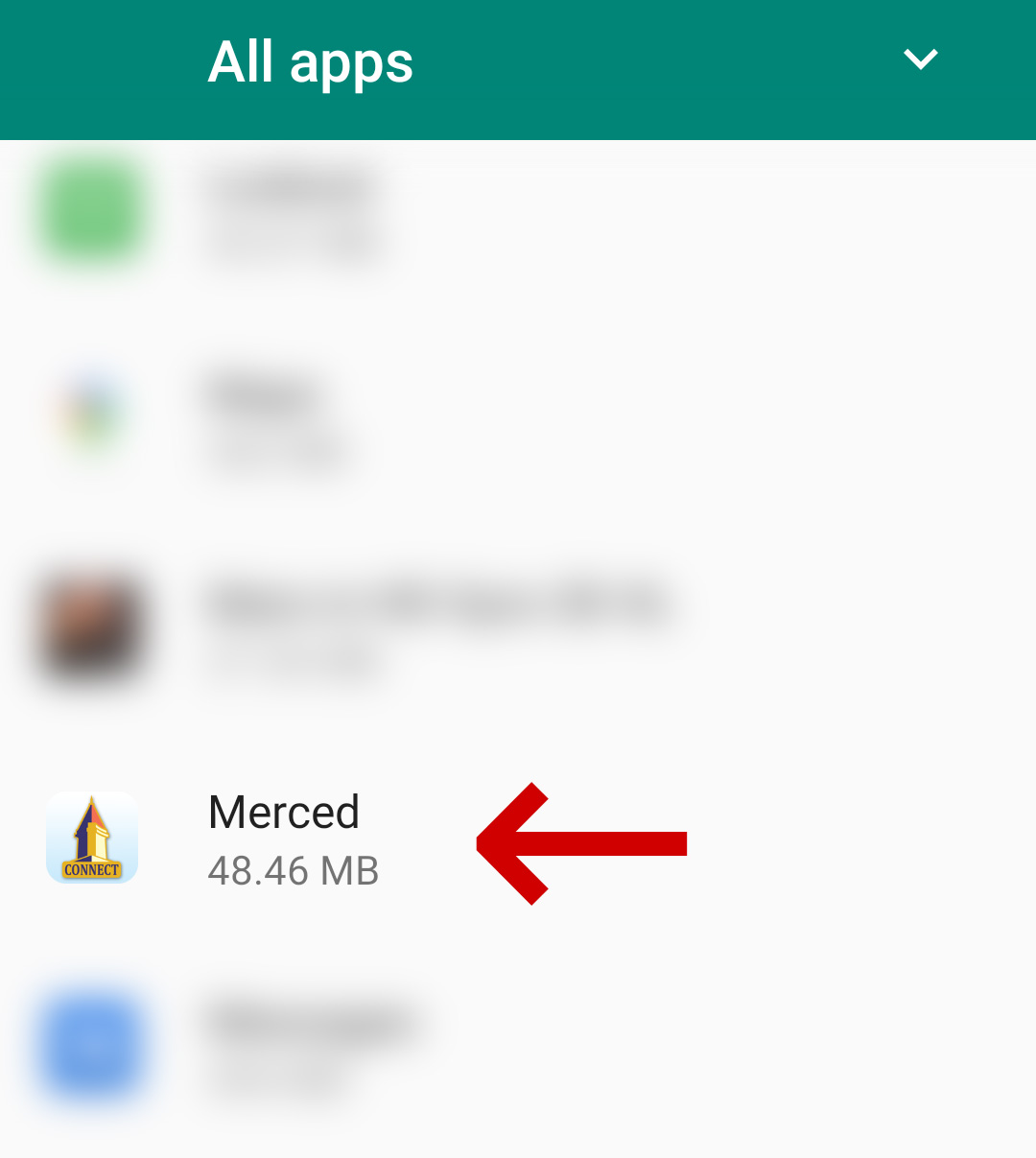 Android apps page with red arrow pointing to the Merced Connect app