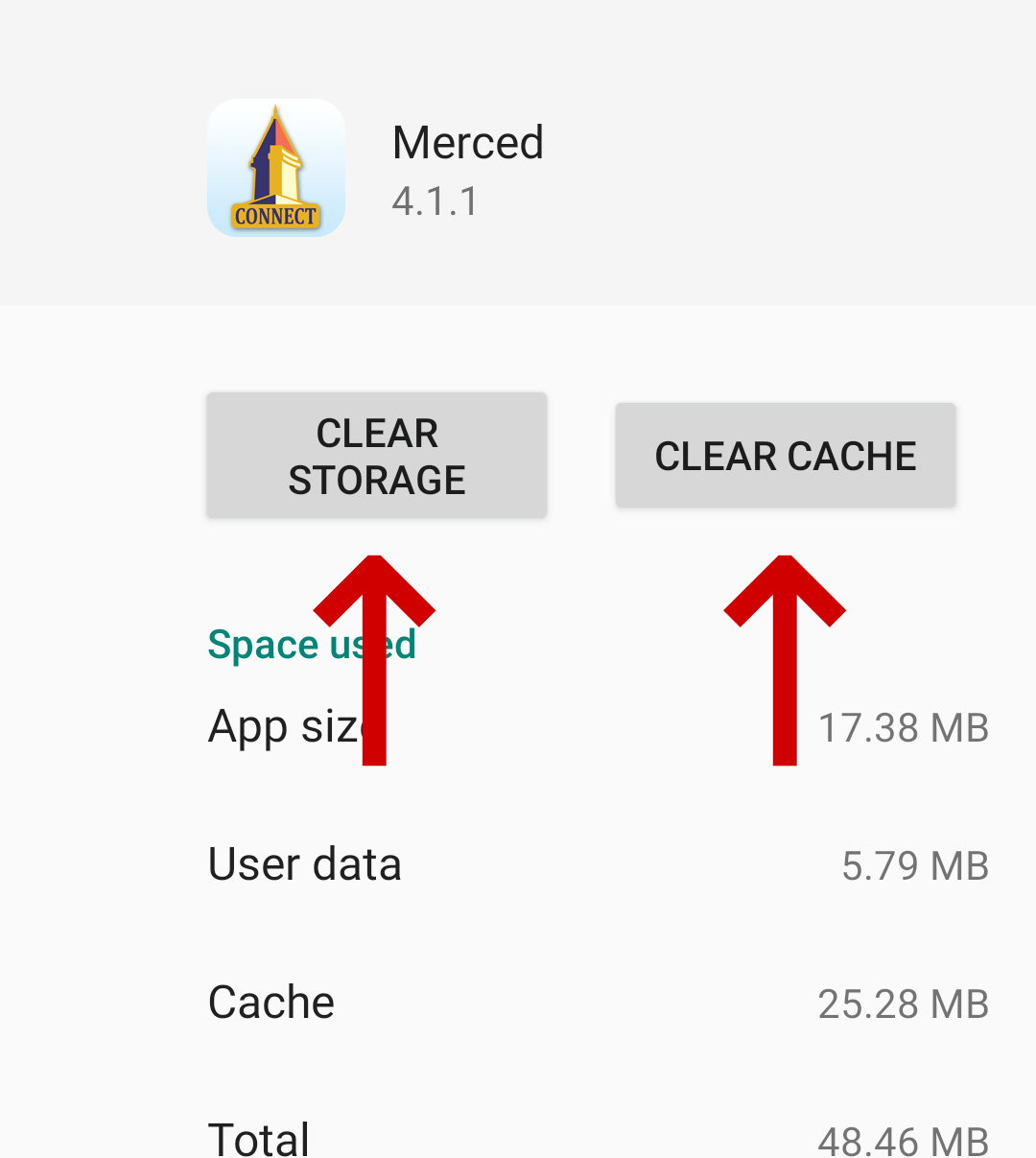 Merced Connect app storage page with two red arrows pointing to "Clear Storage" and "Clear Cache"