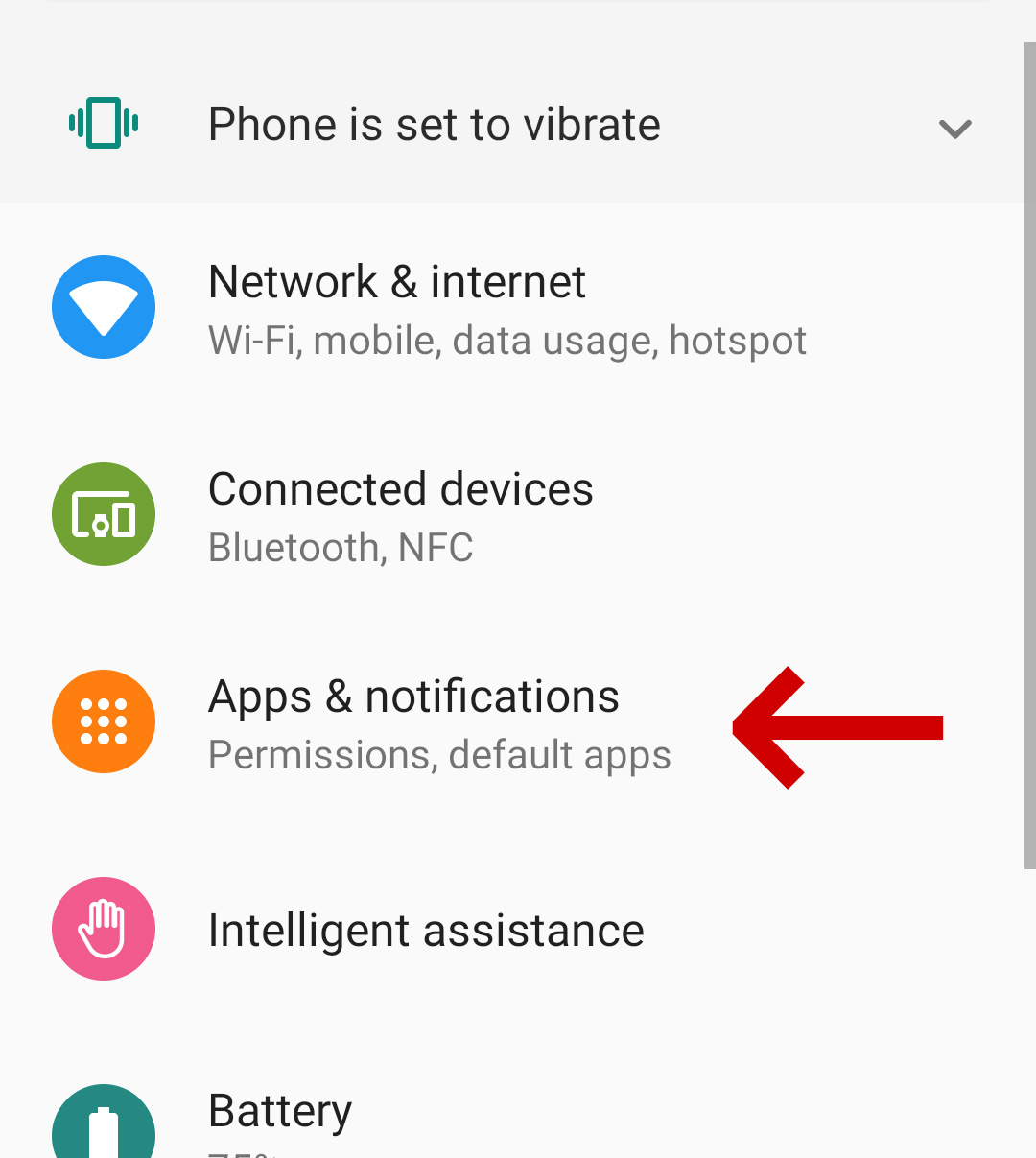 Android settings page with a red arrow pointing to "Apps & Notifications"