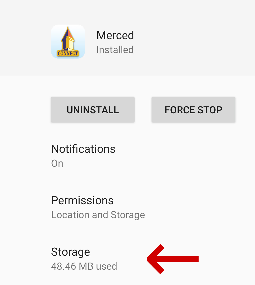 Merced Connect app page in settings with a red arrow pointing to "Storage"